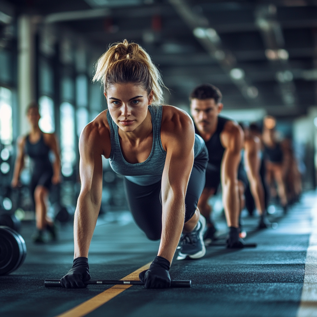 Група людей виконує інтенсивні HIIT вправи у спортзалі