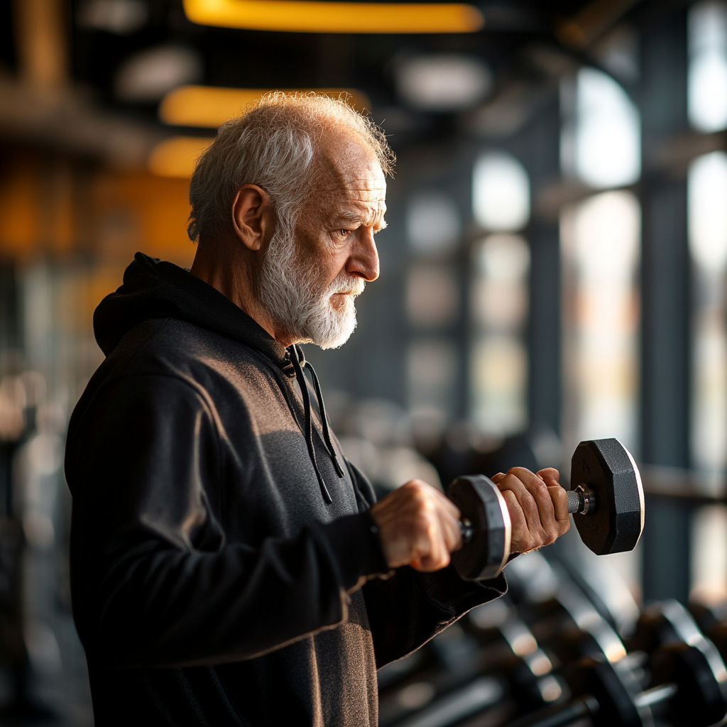 Чоловік виконує силові вправи з гантелями у сучасному спортзалі